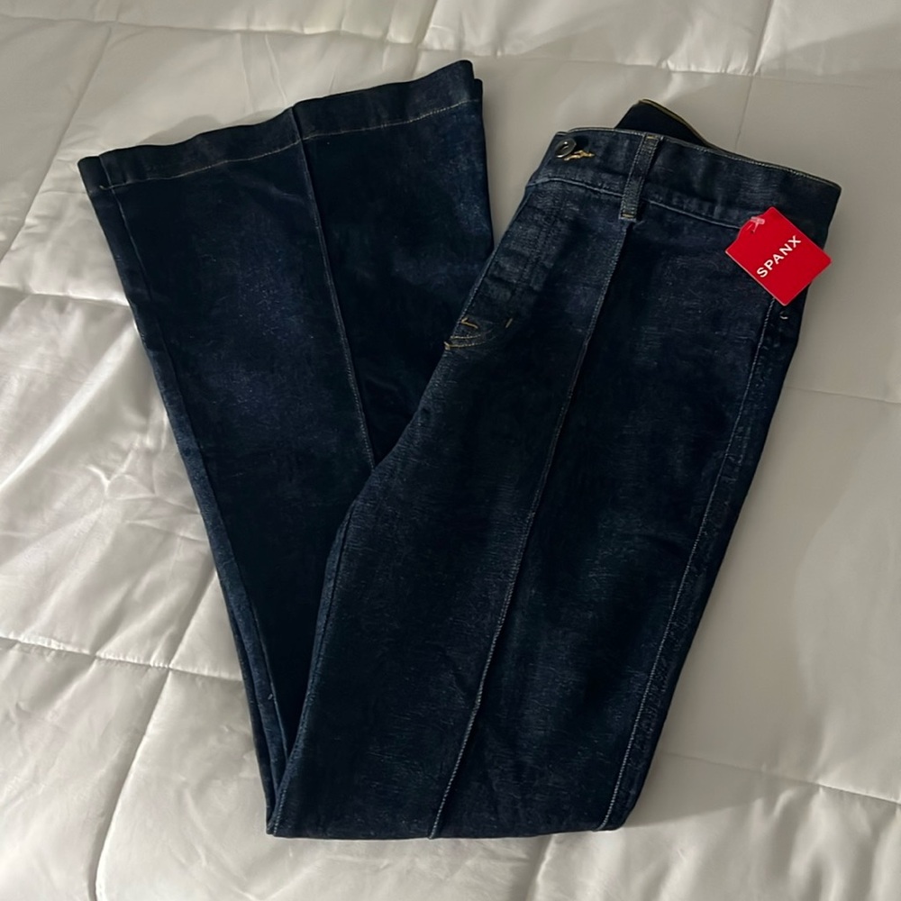 NWT Spanx pull-on pintuck denim flare leg trousers